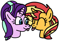 Size: 860x600 | Tagged: safe, artist:jadeharmony, imported from derpibooru, starlight glimmer, sunset shimmer, pony, unicorn, equestria girls, :p, bust, cute, duo, duo female, eyes closed, female, glimmerbetes, lesbian, mare, shimmerbetes, simple background, smiling, tongue out, transparent background