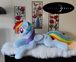 Size: 1280x1042 | Tagged: safe, artist:purplenebulastudios, imported from derpibooru, rainbow dash, pegasus, pony, backwards cutie mark, folded wings, irl, life size, photo, plushie, solo, wings