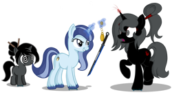 Size: 1280x721 | Tagged: safe, artist:tenderrain-art, imported from derpibooru, oc, oc only, oc:ebony darkness, oc:shadow dancer, oc:spiral swirl, pony, unicorn, female, filly, foal, hypnosis, hypnotist, hypnotized, katana, magic, mare, pocket watch, simple background, swirly eyes, sword, transparent background, weapon