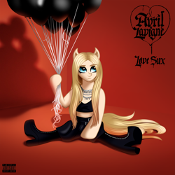 Size: 5937x5937 | Tagged: safe, artist:aldobronyjdc, imported from derpibooru, earth pony, pony, absurd resolution, album cover, avril lavigne, balloon, boots, clothes, digital art, eyebrows, eyebrows visible through hair, female, frown, jewelry, logo, looking up, mare, music, ponified, shadow, shoes, simple background, sitting, skirt, solo