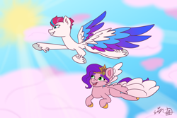 Size: 3600x2400 | Tagged: safe, artist:erynerikard, imported from derpibooru, pipp petals, zipp storm, pegasus, pony, cloud, digital art, duo, duo female, feathered fetlocks, female, flying, g5, grin, high res, mare, my little pony: a new generation, open mouth, open smile, siblings, sisters, sky, smiling, spread wings, sun, wings