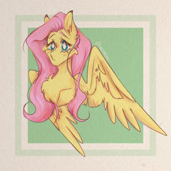 Size: 4000x4000 | Tagged: safe, artist:teaandsheep, imported from derpibooru, fluttershy, pegasus, pony, absurd resolution, bust, cheek fluff, chest fluff, ear fluff, female, mare, partially open wings, passepartout, solo, three quarter view, wings