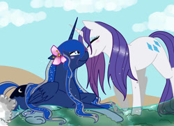 Size: 900x652 | Tagged: safe, artist:ask--luna-and-rarity, imported from derpibooru, princess luna, rarity, alicorn, pony, unicorn, beach, blushing, boop, cloud, female, flower, flower in hair, lesbian, nose to nose, noseboop, nuzzling, rariluna, shipping, wet, wet mane, wet mane rarity