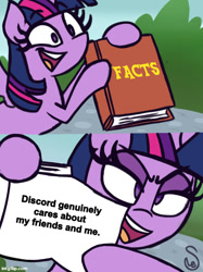 Size: 500x667 | Tagged: safe, edit, editor:andyxdr, imported from ponybooru, twilight sparkle, alicorn, pony, book, caption, exploitable meme, eyebrows, eyebrows visible through hair, female, image macro, imgflip, implied discord, mare, meme, open mouth, open smile, smiling, solo, text, twilight sparkle (alicorn), twilight's fact book