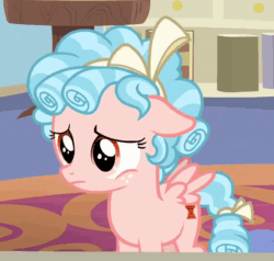 Size: 800x760 | Tagged: safe, imported from derpibooru, screencap, cozy glow, pegasus, pony, marks for effort, season 8, spoiler:s08, animated, book, bow, cozybetes, cropped, curly mane, cute, female, filly, floppy ears, foal, freckles, gif, looking down, pure concentrated unfiltered evil of the utmost potency, pure unfiltered evil, ribbon, sad, solo, table, talking, two toned mane, wings