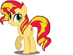 Size: 478x362 | Tagged: safe, artist:midnight-wisp-pone, imported from derpibooru, sunset shimmer, pony, unicorn, equestria girls, female, full body, grin, hooves, horn, mare, raised hoof, shadow, simple background, smiling, solo, standing, tail, three quarter view, transparent background, two toned mane, two toned tail