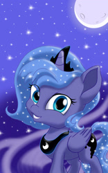 Size: 1280x2048 | Tagged: safe, artist:sunnystarscout, imported from derpibooru, princess luna, alicorn, pony, ethereal mane, female, filly, jewelry, looking at you, moon, night, regalia, smiling, solo, starry mane, stars, woona, younger