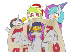 Size: 2000x1414 | Tagged: safe, artist:wild-thunder06, imported from derpibooru, oc, oc only, oc:agua melon, oc:luz, oc:oscuridad, oc:rol fanatic, earth pony, pegasus, pony, unicorn, happy new year, holiday, simple background, transparent background