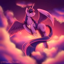 Size: 1440x1440 | Tagged: safe, artist:squishy_doodles, imported from derpibooru, twilight sparkle, alicorn, pony, the last problem, cloud, female, flying, mare, older, older twilight, princess twilight 2.0, solo, twilight sparkle (alicorn)