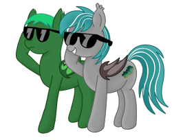 Size: 3797x3100 | Tagged: safe, artist:frilanka, artist:rainbowšpekgs, imported from derpibooru, oc, oc only, oc:malachite cluster, oc:poni, bat pony, pony, derpibooru community collaboration, 2022 community collab, cool, duo, high res, male, simple background, stallion, sunglasses, transparent background