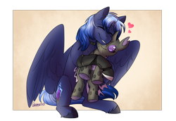 Size: 1742x1200 | Tagged: safe, artist:cosmalumi, imported from derpibooru, oc, oc:alcippe, oc:kyanite arc, changeling, pegasus, pony, amputee, eyes closed, heart, plushie, prosthetic leg, prosthetic limb, prosthetics, purple changeling, simple background, sitting, smiling, snuggling, spread wings, wings