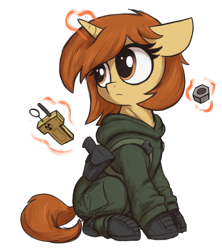 Size: 1332x1500 | Tagged: safe, artist:t72b, imported from derpibooru, oc, oc:academia, pony, unicorn, derpibooru community collaboration, 2022 community collab, bolt, boots, clothes, female, geiger counter, holster, ionizing radiation warning symbol, levitation, magic, mare, radiation sign, s.t.a.l.k.e.r., screw, shoes, simple background, solo, telekinesis, transparent background