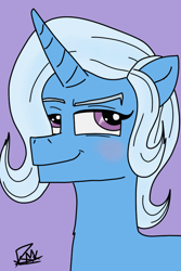 Size: 600x900 | Tagged: safe, artist:flutterhurt, imported from derpibooru, trixie, pony, bust, missing accessory, portrait, signature, simple background