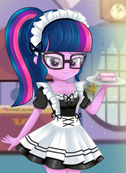 Size: 726x997 | Tagged: safe, artist:fluttershy_art.nurul, imported from derpibooru, sci-twi, twilight sparkle, equestria girls, bandana, beautiful, clothes, cute, glasses, glowing, kitchen, maid, maidlight sparkle, meganekko, plate, skirt, sparkling, twiabetes