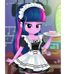 Size: 1014x1110 | Tagged: safe, alternate version, artist:fluttershy_art.nurul, imported from derpibooru, twilight sparkle, equestria girls, blurry background, blushing, clothes, cute, dress, eyelashes, female, kitchen, looking at you, love, maid, maidlight sparkle, makeup, plate, signature, skirt, smiling, smiling at you, solo, tape, twilight sparkle (alicorn)