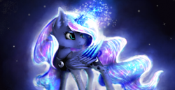 Size: 1536x794 | Tagged: safe, artist:lunarmoonponi, imported from derpibooru, princess luna, alicorn, glowing, magic, night, solo