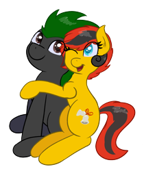 Size: 1444x1717 | Tagged: safe, artist:eyeburn, imported from derpibooru, oc, oc only, oc:miko, oc:southern belle, earth pony, pony, derpibooru community collaboration, 2022 community collab, hug, simple background, sitting, transparent background