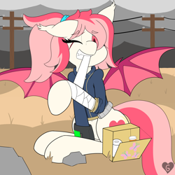 Size: 4000x4000 | Tagged: safe, artist:gnashie, imported from derpibooru, oc, oc only, oc:blood moon, bat pony, pony, fallout equestria, bandage, bat pony oc, belly button, clothes, fangs, female, first aid kit, hair tie, jumpsuit, mare, one eye closed, pipbuck, ponytail, power line, rock, scar, sitting, solo, wings