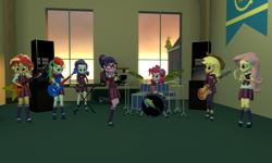 Size: 5120x3072 | Tagged: safe, artist:n3onh100, imported from derpibooru, applejack, fluttershy, pinkie pie, rainbow dash, rarity, sci-twi, sunset shimmer, twilight sparkle, equestria girls, 3d, bass guitar, canterlot high, clothes, costume, crystal prep academy uniform, drums, electric guitar, gmod, guitar, humane five, humane seven, humane six, k-on, keyboard, microphone, musical instrument, reference, school uniform, speaker, tambourine, the rainbooms