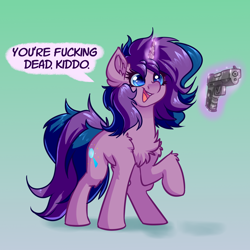 Size: 4000x4000 | Tagged: safe, artist:witchtaunter, imported from derpibooru, oc, oc:stellar trace, pony, unicorn, chest fluff, commission, copypasta, dissonant caption, ear fluff, gradient background, gun, magic, meme, navy seal copypasta, raised hoof, shoulder fluff, smiling, solo, speech bubble, telekinesis, text, this will end in death, threat, threatening, vulgar, weapon