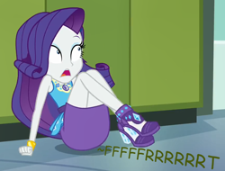 Size: 868x660 | Tagged: safe, artist:thedarkpony, edit, edited screencap, imported from derpibooru, screencap, rarity, best trends forever, equestria girls, equestria girls series, ass, butt, cropped, fart, fart edit, fart fetish, fart noise, female, fetish, onomatopoeia, rearity, shocked, shocked expression, sitting, sound effects
