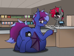 Size: 3000x2250 | Tagged: safe, artist:aaatheballoon, imported from derpibooru, oc, oc only, oc:aaaaaaaaaaa, oc:cooper bubble, bat pony, pony, bat pony oc, belly, big belly, blueberry inflation, butt, duo, embarrassed, grocery store, high res, huge belly, humiliation, impossibly large belly, inflation, plot, public humiliation, swelling, vulgar, wing hold, wings