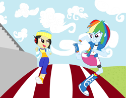 Size: 2640x2052 | Tagged: safe, artist:mlpandboboiboyfan, imported from derpibooru, rainbow dash, equestria girls, boboiboy, high res, running, stadium, ying, ying (boboiboy)