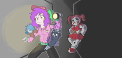 Size: 5062x2404 | Tagged: safe, artist:doodlegamertj, imported from derpibooru, oc, oc:doodlegamertj, oc:mable syrup, oc:mona, avian, bird, ghost, robot, undead, equestria girls, animatronic, bow, circus baby, deaf, female, five nights at freddy's, five nights at freddy's: sister location, flashlight (object), hair bow, hat, leaning on wall, pigtails, purple hair