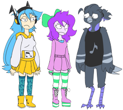 Size: 3210x2851 | Tagged: safe, artist:doodlegamertj, imported from derpibooru, oc, oc only, oc:doodlegamertj, oc:mable syrup, oc:musicallie, anthro, avian, bird, equestria girls, angry, beak, blue hair, bow, clothes, deaf, dress, hair bow, headphones, high res, hoodie, long hair, music notes, platform boots, purple hair, rick and morty, simple background, skirt, socks, striped socks, transparent background
