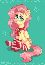 Size: 1427x2048 | Tagged: safe, artist:skysorbett, imported from derpibooru, fluttershy, pegasus, pony, bell, bowtie, clothes, cute, green background, shyabetes, simple background, socks, solo, striped socks