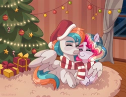 Size: 2048x1586 | Tagged: safe, artist:skysorbett, imported from derpibooru, oc, oc only, oc:sky sorbet, oc:twister joy, pegasus, pony, candy, candy cane, christmas, christmas tree, clothes, food, hat, holiday, present, santa hat, scarf, shared clothing, shared scarf, striped scarf, tree, window