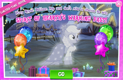 Size: 1035x680 | Tagged: safe, imported from derpibooru, applejack, spirit of hearth's warming past, earth pony, ghost, ghost pony, pony, advertisement, balloon, braid, female, gameloft, mare, official, present