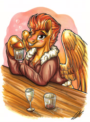 Size: 2481x3354 | Tagged: safe, artist:lupiarts, imported from derpibooru, spitfire, pegasus, pony, alcohol, blushing, bomber jacket, clothes, colored, drink, drunk, grin, high res, hoof hold, how do hooves work?, jacket, looking at you, sexy, smiling, smiling at you, solo, stupid sexy spitfire, tipsy, traditional art, whiskey, wonderbolts