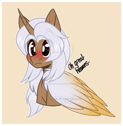 Size: 1280x1309 | Tagged: safe, artist:krypticquartz, imported from derpibooru, oc, oc only, alicorn, pony, alicorn oc, blushing, bust, deviantart watermark, female, horn, mare, obtrusive watermark, portrait, simple background, solo, watermark, wings