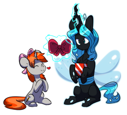 Size: 4772x4296 | Tagged: safe, artist:chub-wub, imported from derpibooru, oc, oc only, oc:iron filigree, oc:queen fylifa, changeling queen, pony, unicorn, blue changeling, bow, changeling queen oc, christmas presents, duo, female, hair bow, hooves together, lesbian, mare, present, ribbon, romance, romantic, sitting, smiling, surprised