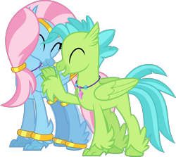 Size: 5617x5000 | Tagged: safe, artist:melisareb, imported from derpibooru, oc, oc only, oc:bottlegriff, oc:wishgriff, genie, hippogriff, derpibooru community collaboration, 2022 community collab, absurd resolution, bracelet, brother and sister, duo, eyes closed, female, jewelry, male, mare, necklace, siblings, simple background, smiling, stallion, transparent background, vector