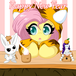 Size: 2000x2000 | Tagged: safe, artist:ragurimo, imported from derpibooru, angel bunny, fluttershy, rarity, pegasus, pony, rabbit, animal, animal costume, cat costume, clothes, costume, cute, female, happy new year 2022, high res, horn, horn impalement, mallet, mare, mochi, mug, open mouth, shyabetes