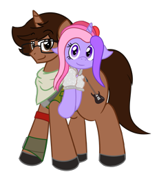 Size: 1838x1987 | Tagged: safe, artist:nerdymexicanunicorn, imported from derpibooru, oc, oc only, oc:kunzite, oc:nerdy, pony, unicorn, derpibooru community collaboration, 2022 community collab, armband, clothes, cosplay, costume, duo, duo male, eyebrows, eyebrows visible through hair, eyelashes, fabio sparklemane (cosplay), floppy ears, fortnite, glasses, horn, jacket, looking at you, lying down, male, on back, pygmy pony, scarf, simple background, smiling, smiling at you, smirk, stallion, transparent background, uniform