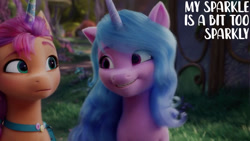 Size: 1280x720 | Tagged: safe, edit, edited screencap, editor:quoterific, imported from derpibooru, screencap, izzy moonbow, sunny starscout, earth pony, pony, unicorn, spoiler:my little pony: a new generation, fake horn, female, g5, mare, my little pony: a new generation, smiling