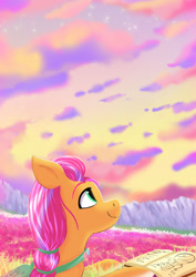 Size: 1024x1449 | Tagged: safe, artist:neoshrek, imported from derpibooru, sunny starscout, earth pony, pony, book, cloud, female, field, g5, mare, my little pony: a new generation, sky, smiling, solo