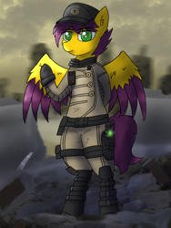 Size: 1620x2160 | Tagged: safe, artist:nagithebat, imported from derpibooru, oc, oc only, oc:yellow jack, pegasus, colored wings, enclave, enclave uniform, energy weapon, gun, outfit, pose, solo, two toned wings, uniform, weapon, wings