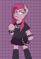 Size: 1668x2388 | Tagged: safe, artist:theedgyduck, imported from derpibooru, earth pony, pony, bipedal, clothes, ear piercing, female, mare, piercing, pinkamena diane pie, punk, punkamena, punkie pie, shirt, simple background, socks, solo, song reference, spiked wristband, standing on two hooves, standing up, t-shirt, wristband, zettai ryouiki