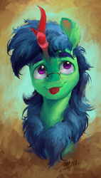 Size: 2468x4341 | Tagged: safe, artist:rigbyh00ves, imported from derpibooru, oc, oc only, oc:lex rudera, kirin, pony, :p, abstract background, blue mane, chest fluff, colored pupils, cute, eyebrows, glasses, green coat, high res, horn, kirin oc, looking up, male, signature, solo, tongue out