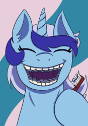 Size: 1668x2388 | Tagged: safe, artist:theedgyduck, imported from derpibooru, minuette, pony, unicorn, eyes closed, female, hyperdontia, mare, open mouth, open smile, simple background, smiling, solo, teeth, toothbrush, wat