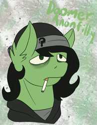 Size: 1468x1885 | Tagged: safe, artist:theedgyduck, imported from derpibooru, oc, oc only, oc:filly anon, earth pony, pony, bags under eyes, beanie, cigarette, clothes, doomer, female, filly, foal, hat, hoodie, meme, simple background, solo, wojak