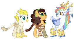 Size: 1024x551 | Tagged: safe, artist:hopenotfound, imported from derpibooru, oc, oc only, deer, deer pony, hippogriff, hybrid, original species, female, magical lesbian spawn, magical threesome spawn, male, offspring, parent:cheese sandwich, parent:discord, parent:gabby, parent:king aspen, parent:rainbow dash, parent:surprise, parent:zecora, simple background, transparent background