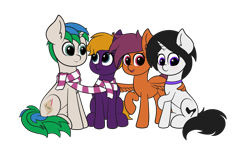 Size: 3200x2000 | Tagged: safe, artist:veeayydee, imported from derpibooru, oc, oc only, oc:anastasia, oc:purple creativity, oc:star logic, oc:vee, pegasus, pony, unicorn, derpibooru community collaboration, 2022 community collab, black mane, black tail, blue eyes, clothes, ear fluff, eye contact, female, green eyes, high res, horn, hug, looking at each other, looking at someone, male, mare, open mouth, open smile, pegasus oc, purple eyes, raised hoof, scarf, shared clothing, shared scarf, simple background, sitting, smiling, spread wings, stallion, standing, tail, transparent background, two toned mane, two toned tail, unicorn oc, winghug, wings