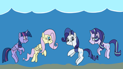 Size: 1920x1080 | Tagged: safe, artist:platinumdrop, imported from derpibooru, fluttershy, rarity, starlight glimmer, twilight sparkle, alicorn, pegasus, pony, unicorn, female, mare, puffy cheeks, request, twilight sparkle (alicorn), underwater