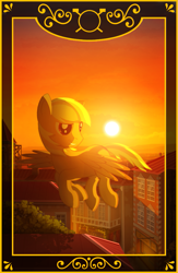 Size: 705x1080 | Tagged: safe, artist:gign-3208, imported from derpibooru, pegasus, pony, building, card, flying, grin, looking back, ponified, sky, smiling, smirk, solo, spread wings, sun, sunset, the chronicles of amber, wings