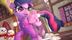 Size: 3840x2160 | Tagged: safe, artist:steamyart, imported from derpibooru, twilight sparkle, alicorn, pony, art pack:winter wonderland 2021, 3d, clothes, cute, female, glasses, high res, mare, snow, snowman, source filmmaker, sweater, twiabetes, twilight sparkle (alicorn)